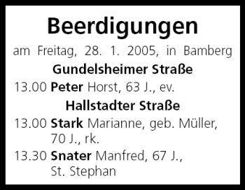 Anzeige von Beerdigungen vom 28.01.2005 von MGO