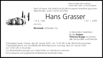 Anzeige von Hans Grasser von MGO