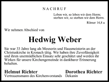 Anzeige von Hedwig Weber von MGO