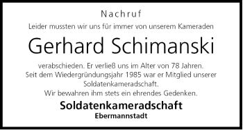 Anzeige von Gerhard Schimanski von MGO