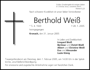 Anzeige von Berthold Weiß von MGO