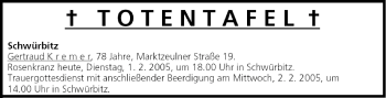 Anzeige von Totentafel vom 01.02.2005 von MGO