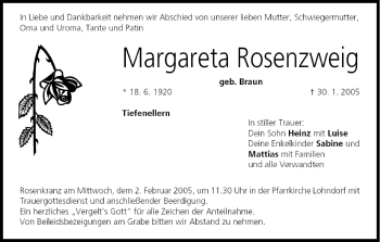 Anzeige von Margareta Rosenzweig von MGO