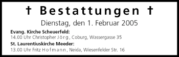 Anzeige von Bestattungen vom 01.02.2005 von MGO