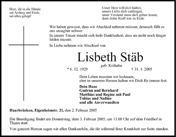 Anzeige von Lisbeth Stäb von MGO