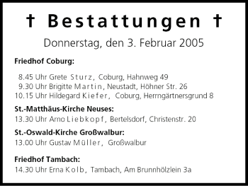Anzeige von Bestattungen vom 03.02.2005 von MGO