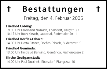 Anzeige von Bestattungen vom 04.02.2005 von MGO
