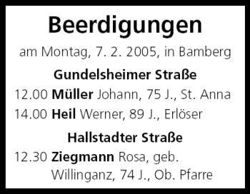 Anzeige von Beerdigungen vom 07.02.2005 von MGO