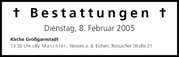 Anzeige von Bestattungen vom 08.02.2005 von MGO
