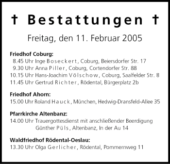 Anzeige von Bestattungen vom 11.02.2005 von MGO