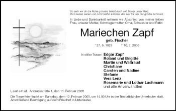 Anzeige von Mariechen Zapf von MGO