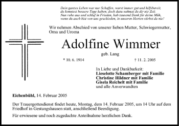 Anzeige von Adolfine Wimmer von MGO