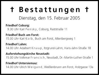 Anzeige von Bestattungen vom 15.02.2005 von MGO