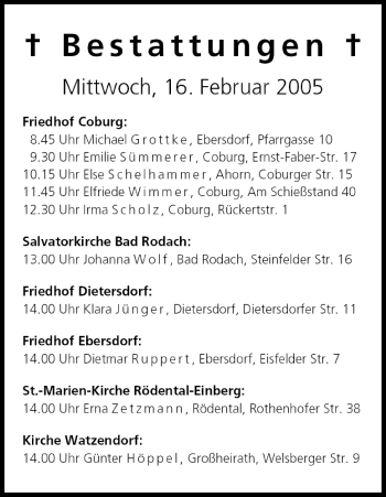 Anzeige von Bestattungen vom 16.02.2005 von MGO