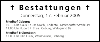 Anzeige von Bestattungen vom 17.02.2005 von MGO