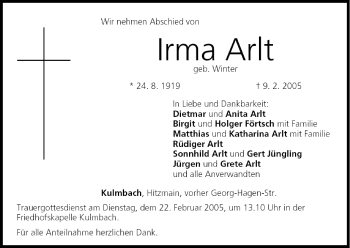 Anzeige von Irma Arlt von MGO