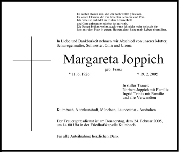 Anzeige von Margareta Joppich von MGO