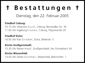 Anzeige von Bestattungen vom 22.02.2005 von MGO