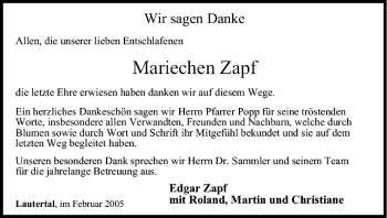 Anzeige von Mariechen Zapf von MGO