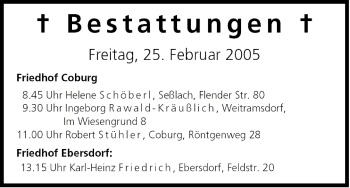 Anzeige von Bestattungen vom 25.02.2005 von MGO