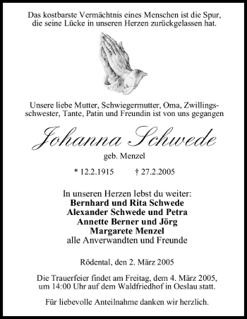Anzeige von Johanna Schwede von MGO