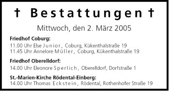 Anzeige von Bestattungen vom 02.03.2005 von MGO
