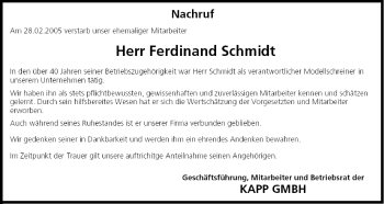 Anzeige von Ferdinand Schmidt von MGO