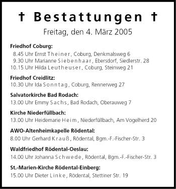 Anzeige von Bestattungen vom 04.03.2005 von MGO