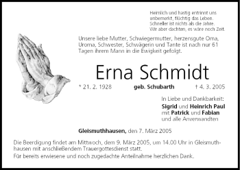 Anzeige von Erna Schmidt von MGO