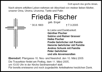 Anzeige von Frieda Fischer von MGO