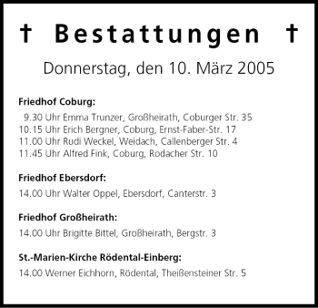 Anzeige von Bestattungen vom 10.03.2005 von MGO
