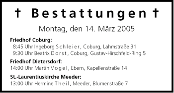 Anzeige von Bestattungen vom 14.03.2005 von MGO