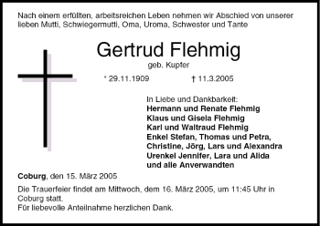 Anzeige von Gertrud Flehmig von MGO