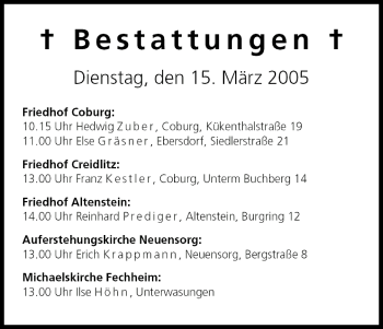 Anzeige von Bestattungen vom 15.03.2005 von MGO
