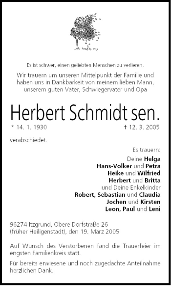 Anzeige von Herbert Schmidt von MGO