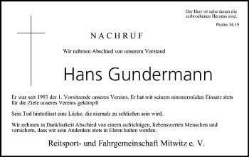 Anzeige von Hans Gundermann von MGO