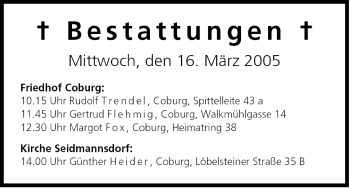 Anzeige von Bestattungen vom 16.03.2005 von MGO