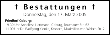 Anzeige von Bestattungen vom 17.03.2005 von MGO