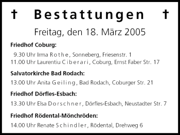 Anzeige von Bestattungen vom 18.03.2005 von MGO