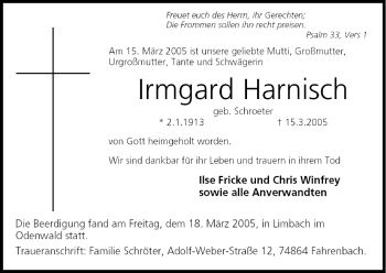 Anzeige von Irmgard Harnisch von MGO
