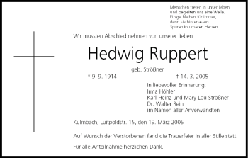 Anzeige von Hedwig Ruppert von MGO