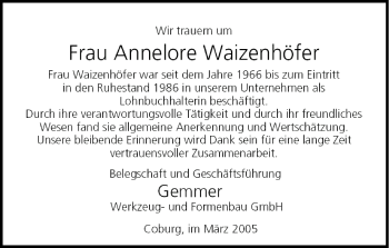 Anzeige von Annelore Waizendorf von MGO