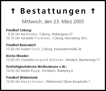 Anzeige von Bestattungen vom 23.03.2005 von MGO