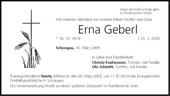 Anzeige von Erna Geberl von MGO