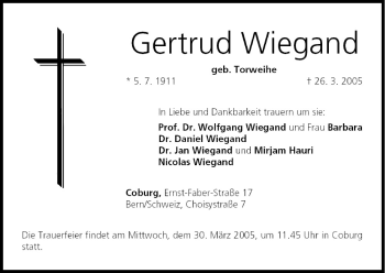Anzeige von Gertrud Wiegand von MGO