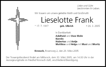 Anzeige von Lieselotte Frank von MGO