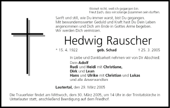 Anzeige von Hedwig Rauscher von MGO