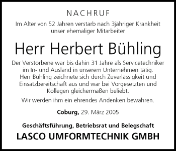 Anzeige von Herbert Bühling von MGO