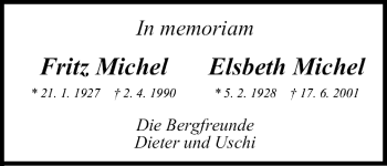 Anzeige von Fritz und Elsbeth Michel von MGO