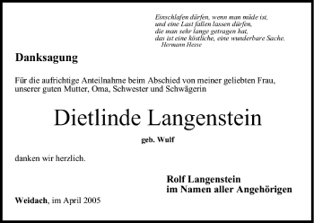 Anzeige von Dietlinde Langenstein von MGO